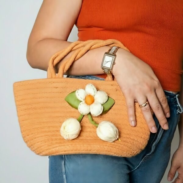 Bolso de Mano Artesanal "Atardecer" - Tejido en Cuerda con Flor 3D